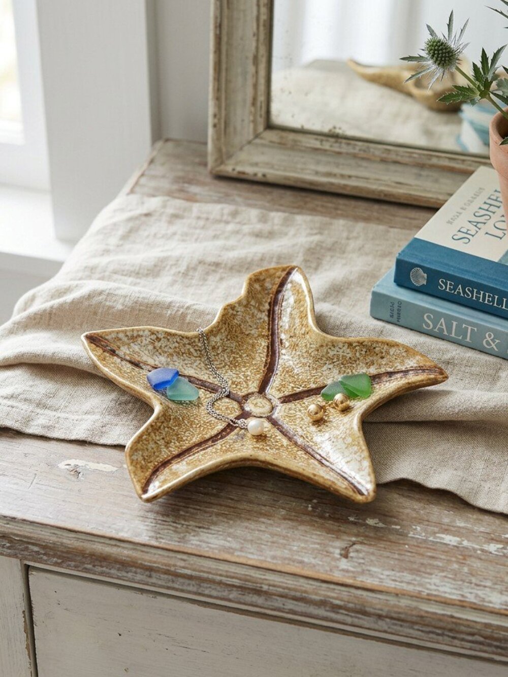 Rustic Starfish Pottery Jewelry Dish in Earth Tones, warm brown and beige glaze